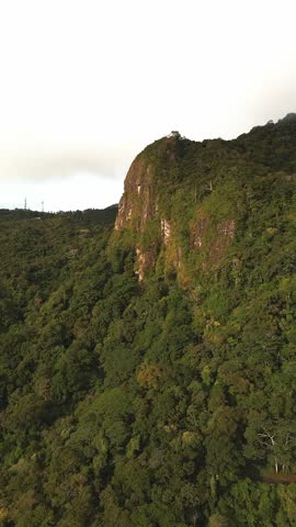A mountain covered in trees and a cloudy sky