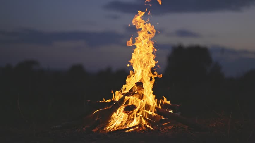 Campfire burning with lively flames and glowing embers at night, warm firelight creating cozy outdoor atmosphere with dynamic fire movement and natural survival camping mood