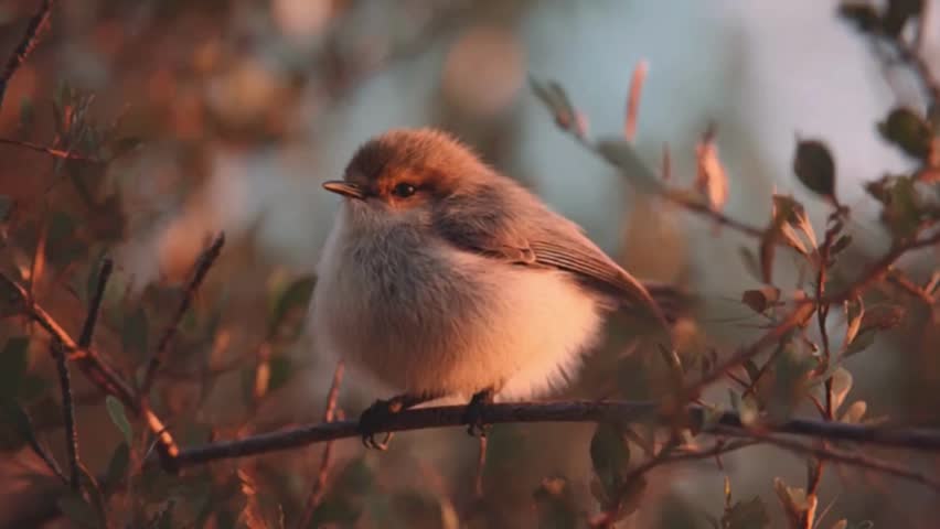 A small, fluffy brown bird rests on a branch, illuminated by the warm, golden evening light