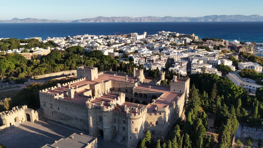 Aerial exploration of the Palace of the Grand Master of the Knights of Rhodes and nearby cityscape Greece