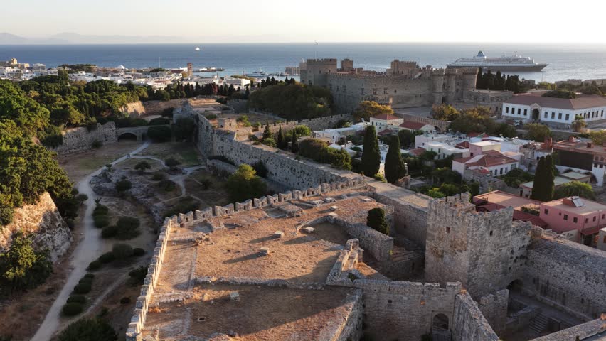 Aerial view of Medieval City of Rhodes and Palace of the Grand Master in Greece during daytime