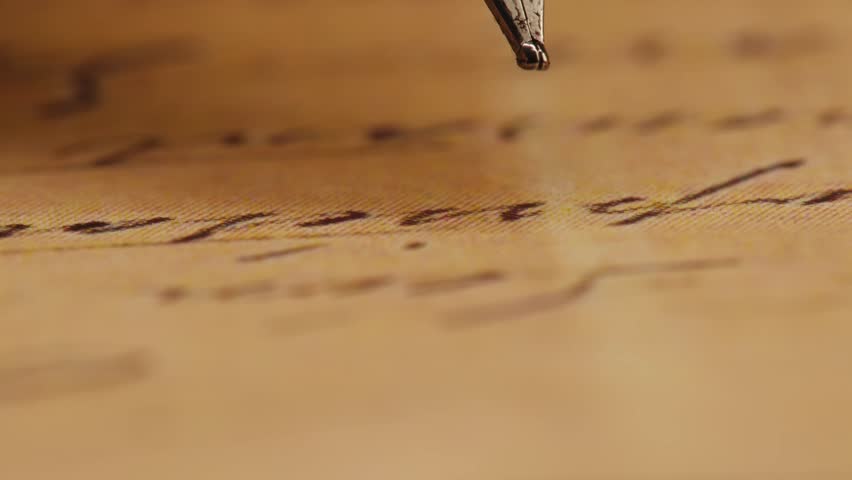 Fountain pen write letter, document sign on an antique handwritten letter. Vintage nib pen and handwritten english cursive style font copperplate, spencerian. Old history background. Retro style.