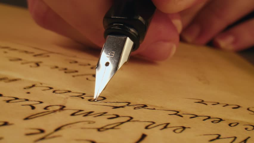 Fountain pen write letter, document sign on an antique handwritten letter. Vintage nib pen and handwritten english cursive style font copperplate, spencerian. Old history background. Retro style.