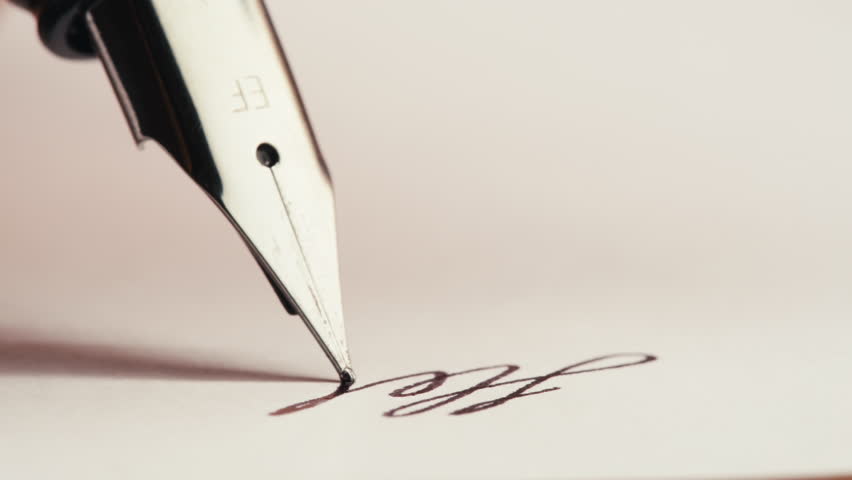 Fountain pen write letter, document sign on an antique handwritten letter. Vintage nib pen and handwritten english cursive style font copperplate, spencerian. Old history background. Retro style.