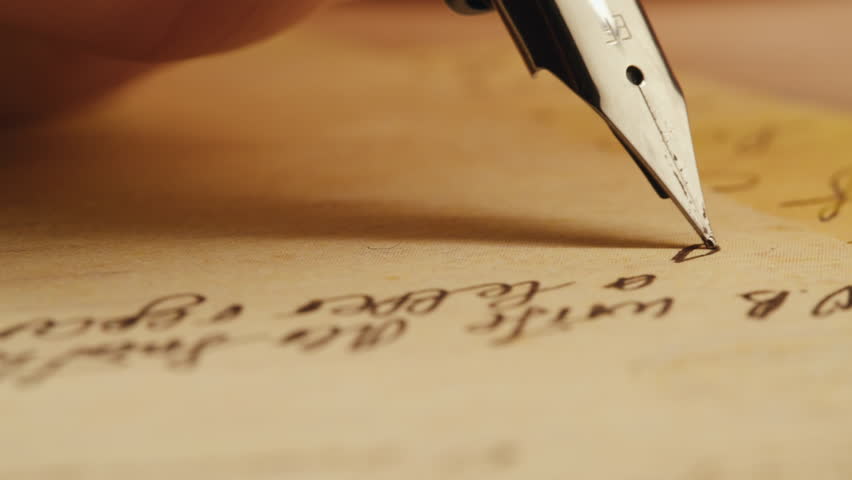 Fountain pen write letter, document sign on an antique handwritten letter. Vintage nib pen and handwritten english cursive style font copperplate, spencerian. Old history background. Retro style.