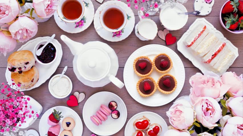 Valentines Day or love theme afternoon tea. Top down view table scene against a wood background. Slow rotating zoom motion.