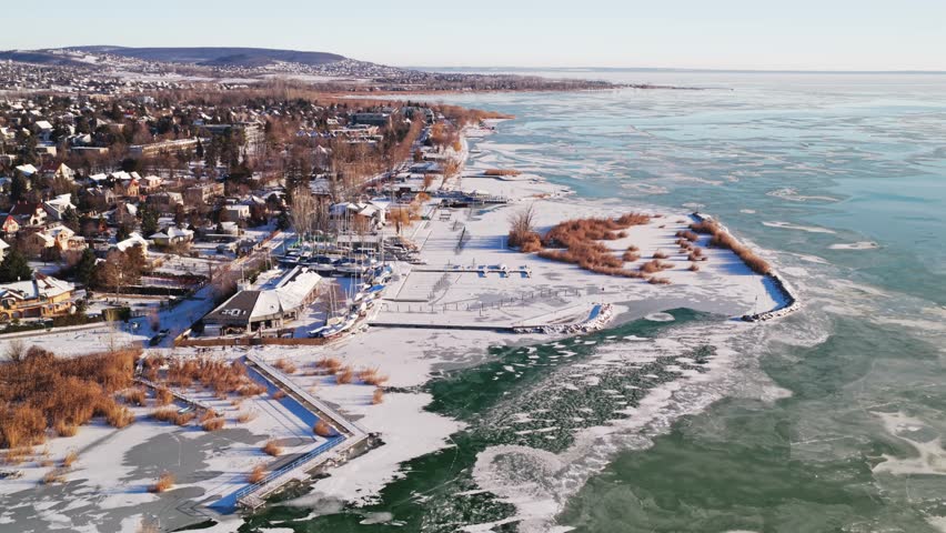 Winter aerial of  frozen Lake Balaton, Hungary