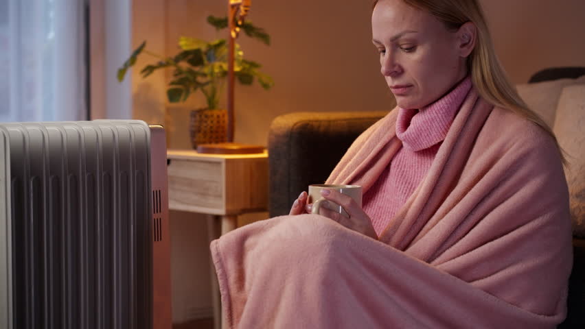 Sick woman wrapped in a cozy blanket seeking warmth by an electric heater, experiencing symptoms of cold, flu, or virus as sips hot tea in cool living space.Cold winter season, flu, fever  concept.