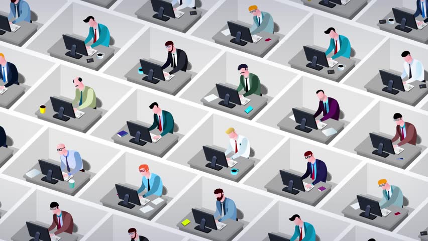 Business style cartoon office employees in cubicles static. Different characters animated workers in a big office. They are working all day with no break. Seamles loop of busy society.

