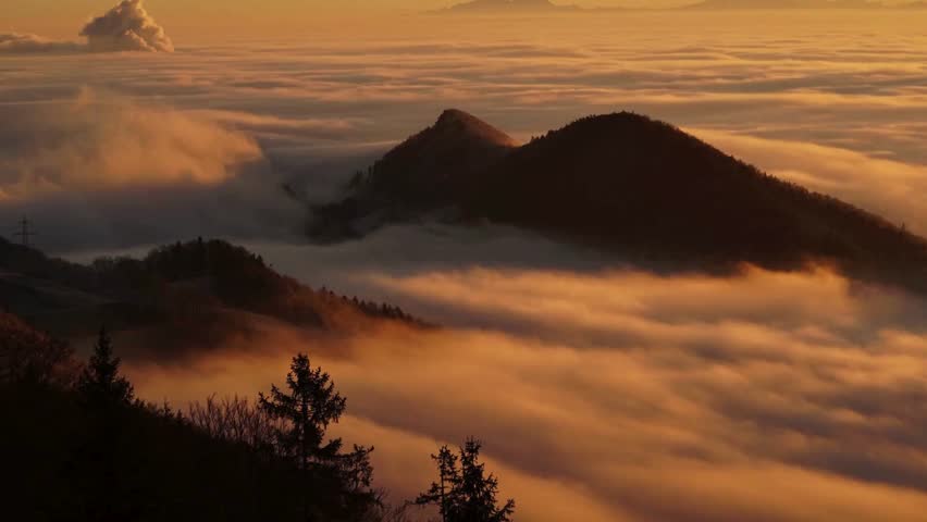 Golden Sunset Above the Sea of Clouds in the Mountains