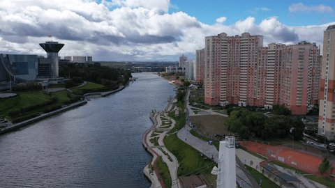 Aerial Drone View of Pavshinskaya Floodplain Waterfront in Krasnogorsk