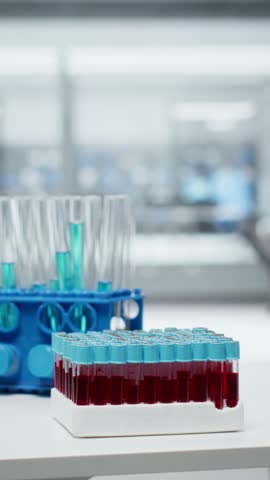 Vertical video Close up of laptop on laboratory workbench next to scientific microscope and blue liquid samples. Research station prepared for analyzing experimental data from chemical solution tests