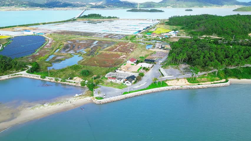 Aerial view of beautiful coastal village and ocean landscape at Chupodo Island, Shinan, South Korea