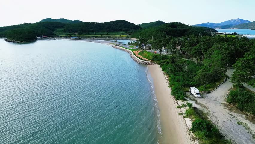 Aerial view of beautiful coastal village and ocean landscape at Chupodo Island, Shinan, South Korea