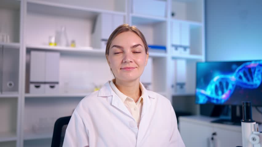 Portrait of Caucasian female scientist in white lab coat in laboratory. Attractive woman technician researcher sit at desk, working to analyze and conduct test for medical development in science lab.