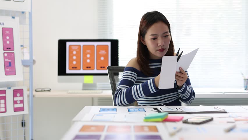 Professional mobile app designer cutting paper prototypes and design sketches in contemporary workspace.