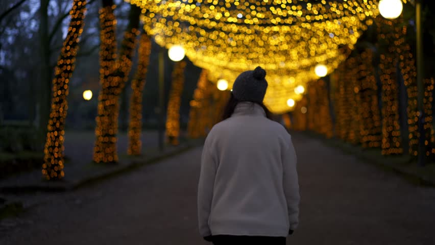 Woman walking on a park walkway with christmas lights
