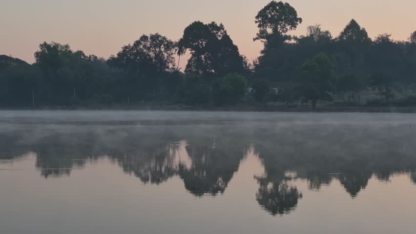 Morning mist rising over calm lake water with tree reflection at sunrise.