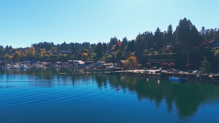 Drone shot of Cowichan Bay waterfront with marina, calm blue water, parked cars and fall-colored trees on Vancouver Island, British Columbia.