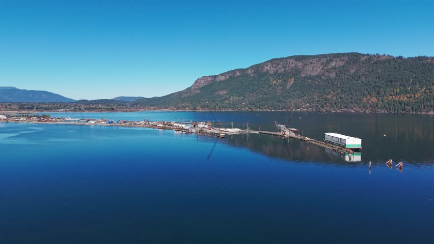 Drone view of floating docks in Cowichan Bay with calm blue water and forested mountains on Vancouver Island, British Columbia under a clear blue sky.