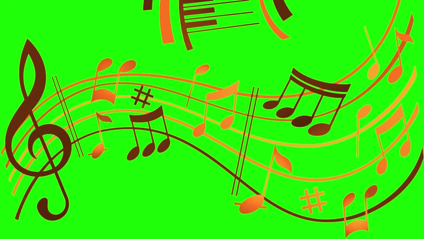 Abstract musical notes and staff lines flowing across a bright green screen background with stylized piano key patterns and a treble clef.
