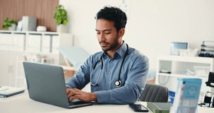 Medical, typing or doctor in hospital with laptop, agenda check or patient review in online consulting. Healthcare, digital or man with tech, telehealth or surgery schedule in treatment plan. - Powered by Shutterstock - Get 15% off with code: PIKWIZARD15