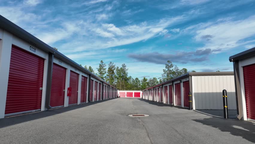 Red garages in industrial district of american town. Sunny path in autumn season. Self Storage buildings in red colors. Aerial dolly forward movement.