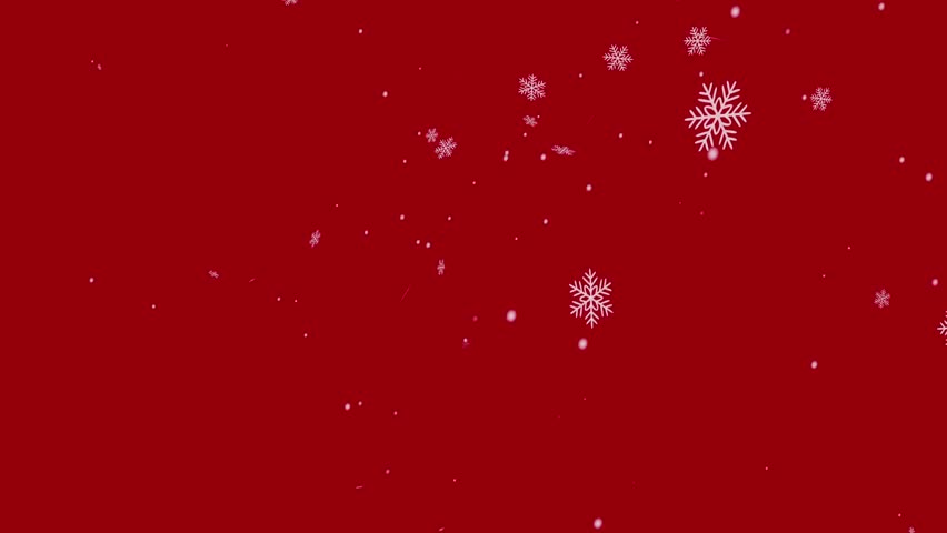 A single white snowflake falls on a vibrant red background surrounded by smaller snowflakes.