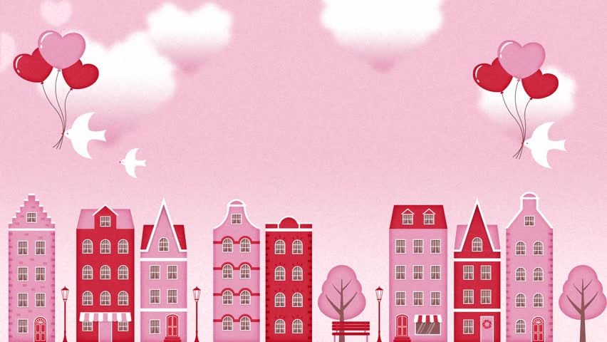 pink background with houses, heart balloons and birds flying in the sky animation for Valentine