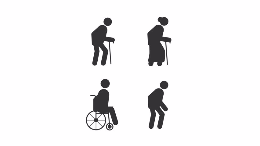 Elderly people stick figures glyphs animation set. Mobility assistance. Senior services, health care. Accessibility standards. Animated stickman icon pack. Black solid pictograms motion