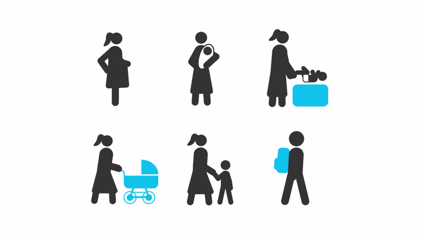 Parenting stick figures glyphs animation set. Childcare activities. Pregnant woman, newborn baby. Diaper changing. Child development. Animated stickman icon pack. Black solid pictograms motion