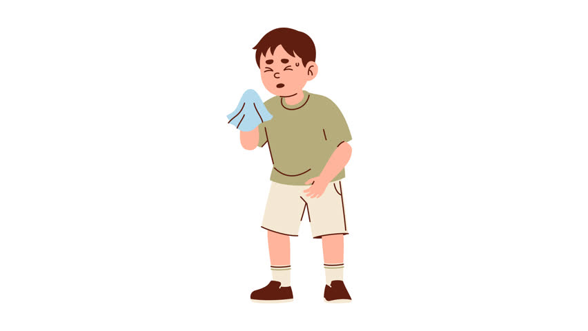 An animated young boy experiencing symptoms of illness, possibly nausea or an allergic reaction. This clip is suitable for educational content about health, hygiene, and common childhood sicknesses.