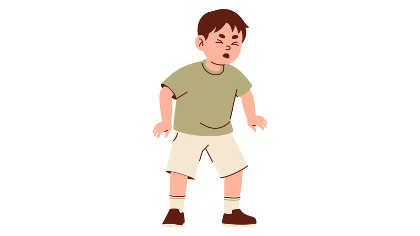 An animated clip of a young boy expressing an emotion of discomfort. The little kid in a cartoon style stands with a frustrated expression, showcasing typical childhood struggles. Ideal for