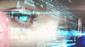 Animation of data processing over female eye. global connections, data processing and digital interface concept digitally generated video. - Powered by Shutterstock - Get 15% off with code: PIKWIZARD15