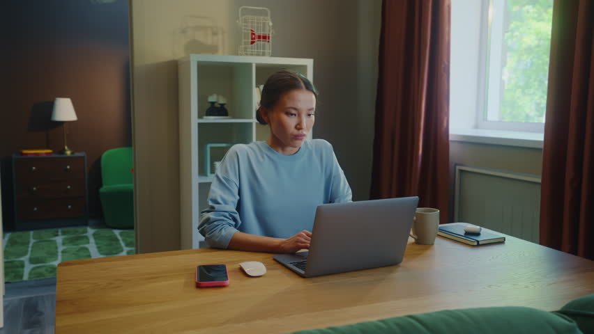 Angry asian woman work laptop home. Girl fail task. Female employee failure. Busy person use broken pc. Online computer freelance distant remote job. Worker ruined career, loss start up money. Bad day