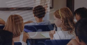 Animation of mathematical equations over schoolchildren using laptop. Global business digital interface and technology concept digitally generated video. - Powered by Shutterstock - Get 15% off with code: PIKWIZARD15