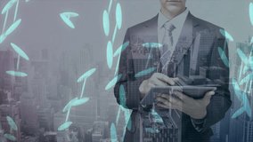 Animation of dna strand over caucasian businessman with tablet. Global medicine and digital interface concept digitally generated video. - Powered by Shutterstock - Get 15% off with code: PIKWIZARD15