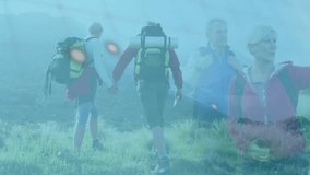 Animation of data processing over caucasian senior couple hiking. Global data processing, lifestyle and digital interface concept digitally generated video. - Powered by Shutterstock - Get 15% off with code: PIKWIZARD15