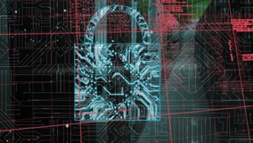 Animation of programming code, grid and light moving over graphical padlock and circuit board. Digitally generated, multiple exposure, connection, futuristic, data and network security. - Powered by Shutterstock - Get 15% off with code: PIKWIZARD15