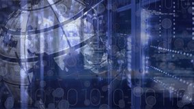 Animation of data processing and globe over server room. Global business and digital interface concept digitally generated video. - Powered by Shutterstock - Get 15% off with code: PIKWIZARD15