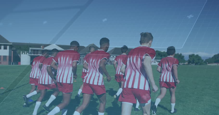 Animation of statistics and data processing over diverse football players on pitch. Sports, competition and data processing concept digitally generated video.