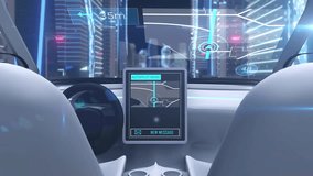 Dynamic view inside an autonomous vehicle showing augmented reality navigation and dashboard computer while driving through a modern cityscape - Powered by Shutterstock - Get 15% off with code: PIKWIZARD15