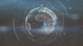 Animation of globe with connecting lines and rays over low section of man running on sandy beach. Digital composite, multiple exposure, global network, vacation, enjoyment, barefoot, technology. - Powered by Shutterstock - Get 15% off with code: PIKWIZARD15