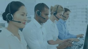 Animation of data processing over team of diverse customer care executives working at office. Business technology concept - Powered by Shutterstock - Get 15% off with code: PIKWIZARD15