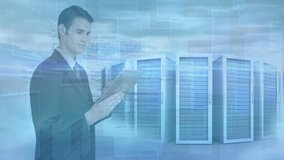 Animation of data processing on caucasian businessman using digital tablet against computer servers. Computer interface and business data storage technology concept - Powered by Shutterstock - Get 15% off with code: PIKWIZARD15