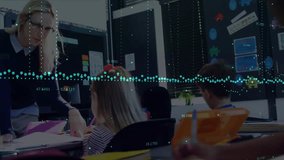 Animation of data processing over diverse schoolchildren in classroom. Global education, business, connections, computing and data processing concept digitally generated video. - Powered by Shutterstock - Get 15% off with code: PIKWIZARD15