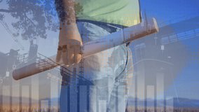 Animation of graphs over midsection of caucasian male worker holding plans over construction site. sustainability, renewable energy, business and technology concept digitally generated video. - Powered by Shutterstock - Get 15% off with code: PIKWIZARD15