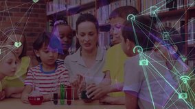 Animation of network of connections over diverse schoolchildren with test tubes and teacher. school, education and digital interface concept digitally generated video. - Powered by Shutterstock - Get 15% off with code: PIKWIZARD15
