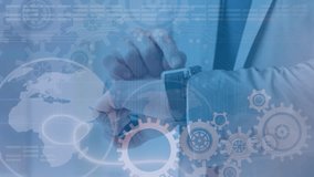 Animation of globe and cogs over hands of caucasian businessman using smartwatch. business, network, connections, technology and digital interface digitally generated video. - Powered by Shutterstock - Get 15% off with code: PIKWIZARD15