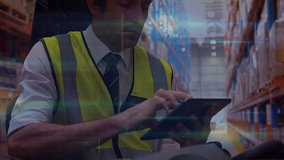 Animation of data processing over caucasian male warehouse worker using tablet. global business, connections and data processing concept digitally generated video. - Powered by Shutterstock - Get 15% off with code: PIKWIZARD15